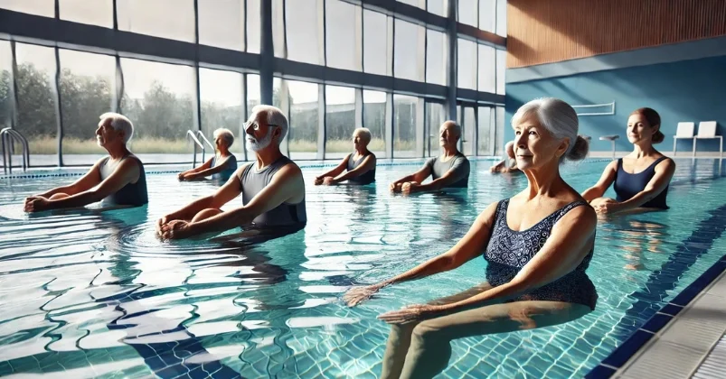 A serene indoor pool setting with elderly individuals engaged in gentle water-based exercises for arthritis relief