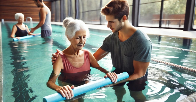 A young male trainer assists an elderly woman in water therapy, guiding her as she holds a pool noodle for support