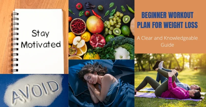 Collage image includes a stay motivated written in a notebook, assortment of fruits and vegetables, AVOID written in sugar, a girl sleeping, and two people exercising outdoors on yoga mats