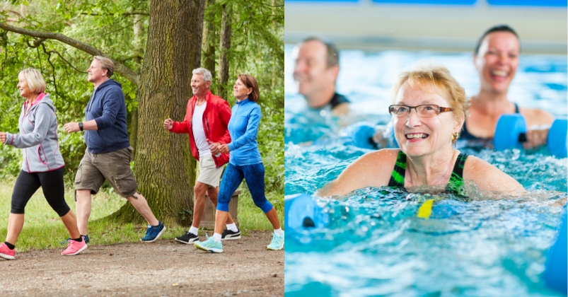 group of older adults walking outdoors on a trail in a wooded area and group of people in a pool participating in aqua aerobics