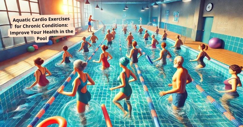 image shows a diverse group participating in an indoor water aerobics class, engaging in aquatic cardio exercises in a bright, well-lit pool