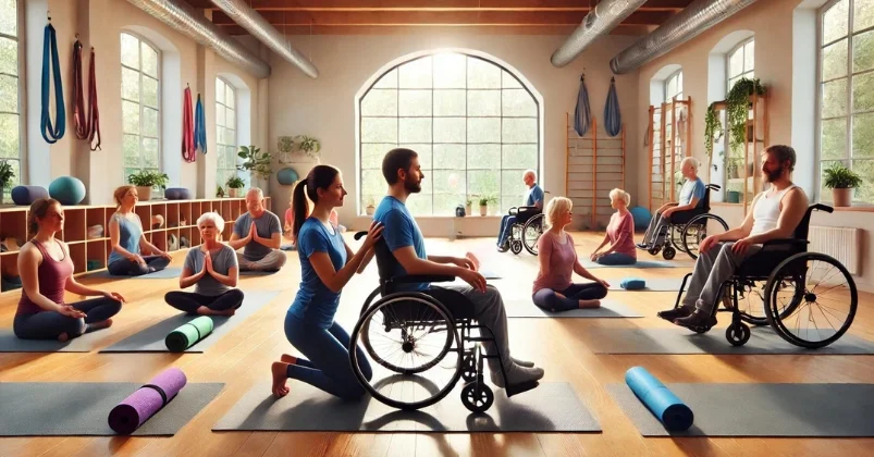 image shows an inclusive yoga class in a bright studio, with several participants using wheelchairs. adaptive yoga session emphasizes accessibility and support for individuals with varying physical abilities