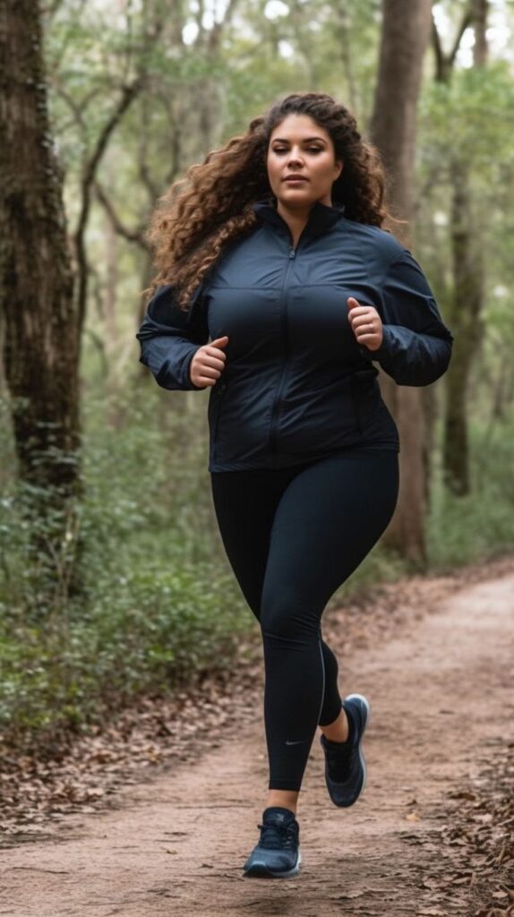 A plus-sized woman jogs along a forest trail, wearing a black athletic jacket and leggings, with her curly hair flowing as she moves