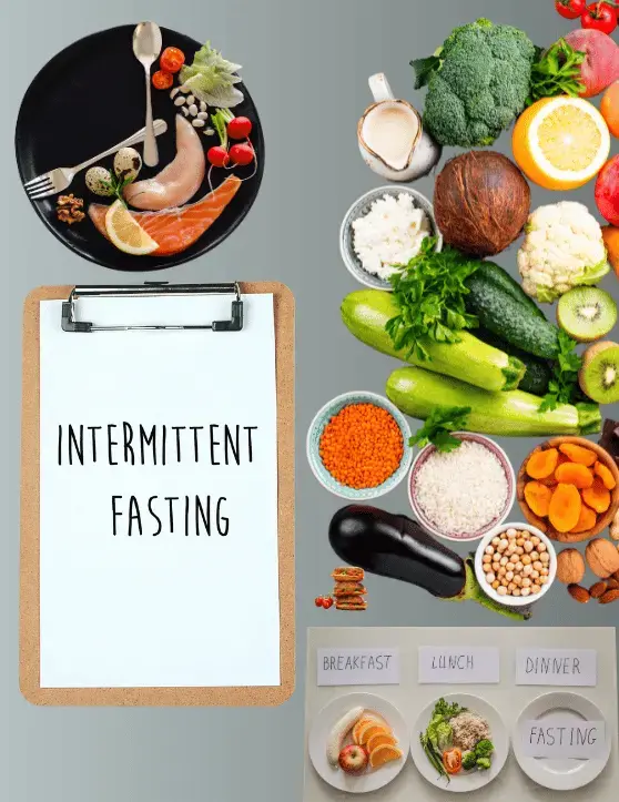 Intermittent fasting shown with a clipboard, clock plate, and meal plan