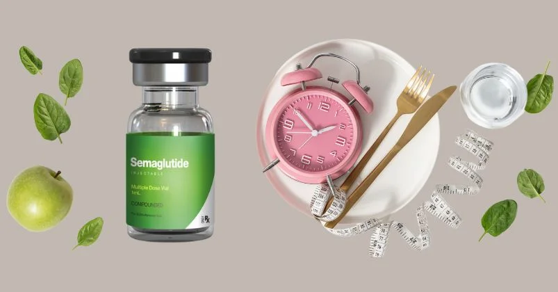 Semaglutide vial, a fasting clock on a plate, and healthy items like spinach, an apple, and water, symbolizing Intermittent fasting for weight loss