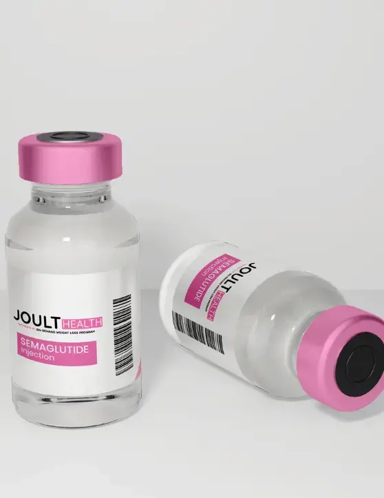 Two vials of Joult Health Semaglutide injection, one upright, one lying down