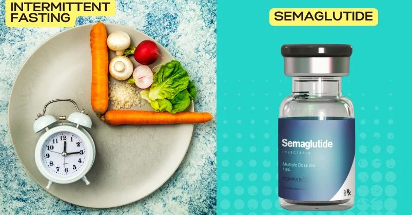 clock and fresh vegetables form a representation of intermittent fasting on a plate and labeled vial represents Semaglutide