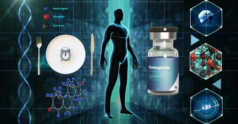 health technology, showing DNA, the human body, a clock on a plate intermittent fasting and Semaglutide vial symbolizing advanced weight management