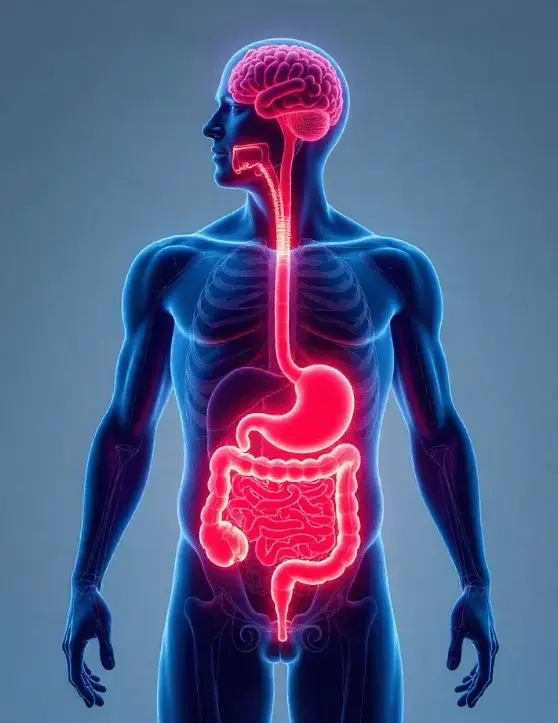 image shows the glowing human digestive system, from the brain to the intestines