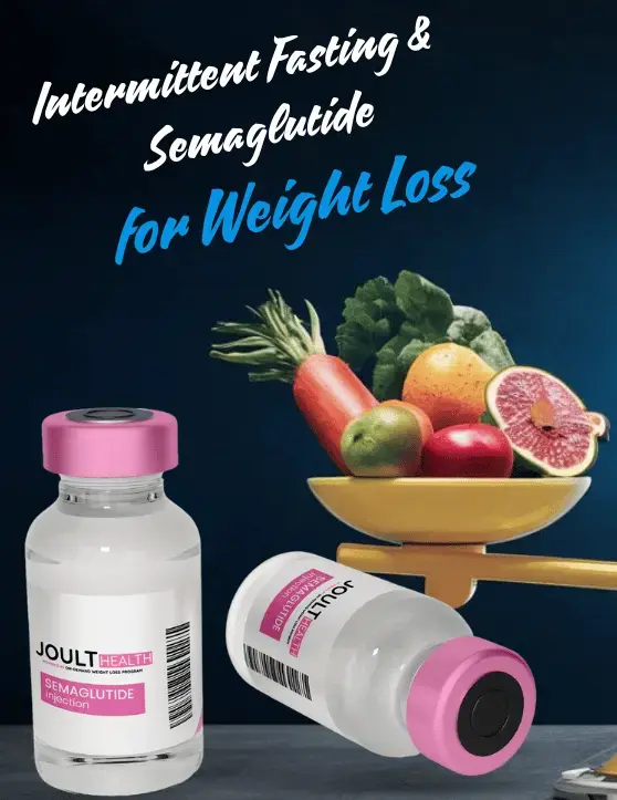 image shows vials of Semaglutide with fruits on a scale, promoting weight loss through healthy eating and intermittent fasting