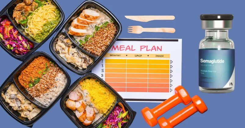 meal prep, a meal plan, fitness tools, and a Semaglutide vial, suggesting its use with intermittent fasting for weight management