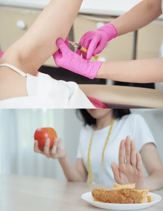 person receiving an injection and rejecting unhealthy food while choosing an apple, symbolizing health and weight loss